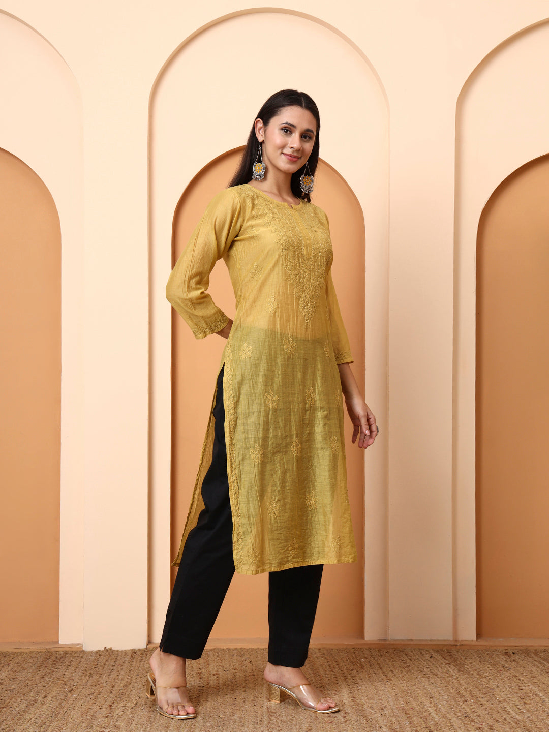 Mustard Yellow Chanderi Chikankari Kurti for Women | Hand Embroidered Straight Kurta | Elenora