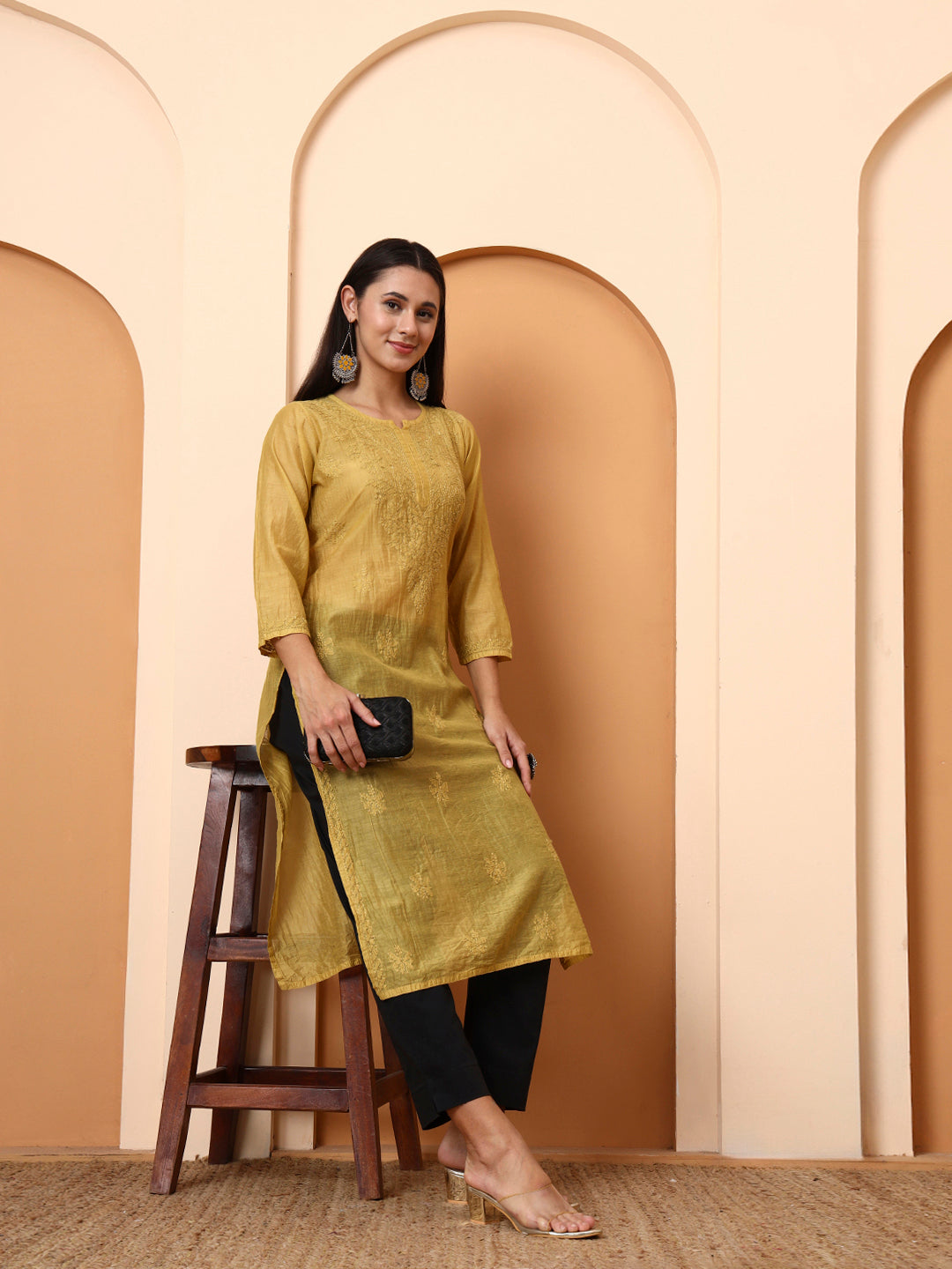 Mustard Yellow Chanderi Chikankari Kurti for Women | Hand Embroidered Straight Kurta | Elenora
