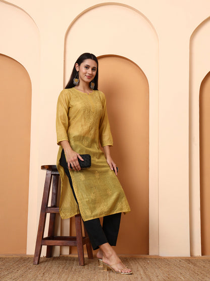 Mustard Yellow Chanderi Chikankari Kurti for Women | Hand Embroidered Straight Kurta | Elenora