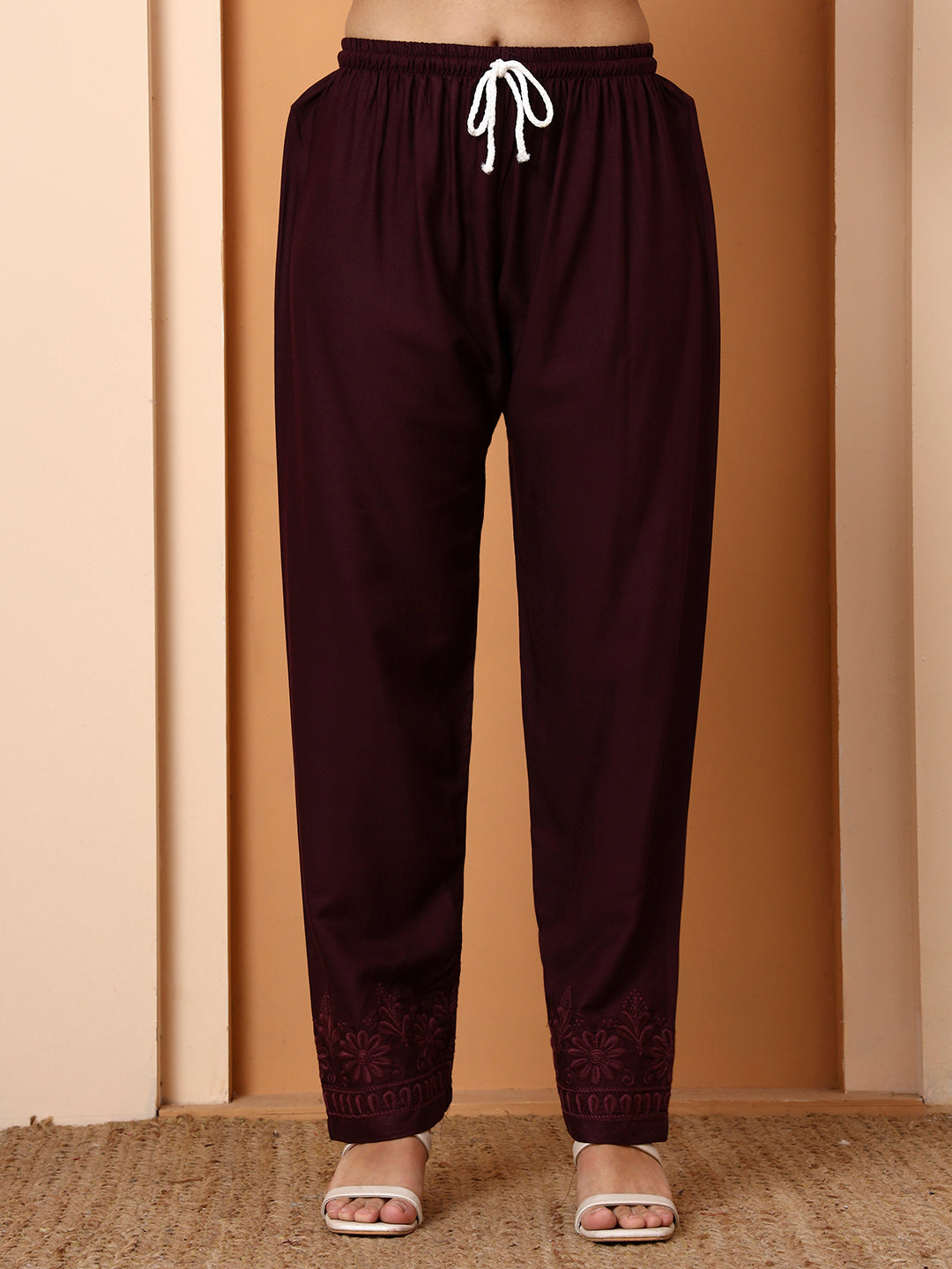 Elenora Women Wine Chikankari Rayon Kurta Set with Embroidered Pants