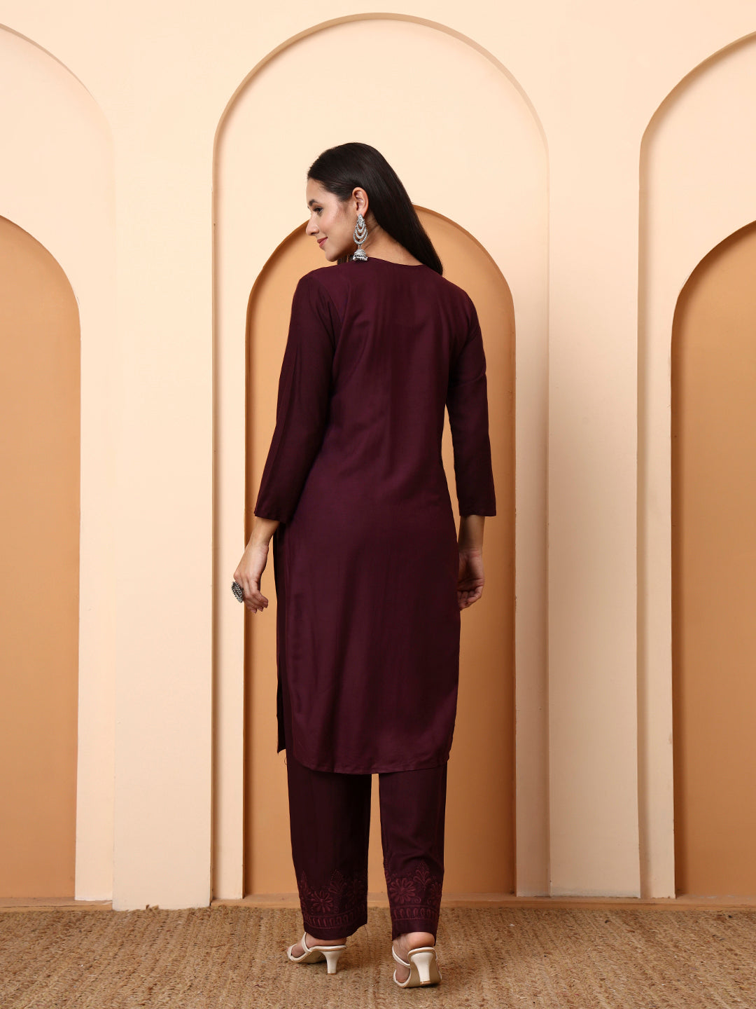 Elenora Women Wine Chikankari Rayon Kurta Set with Embroidered Pants