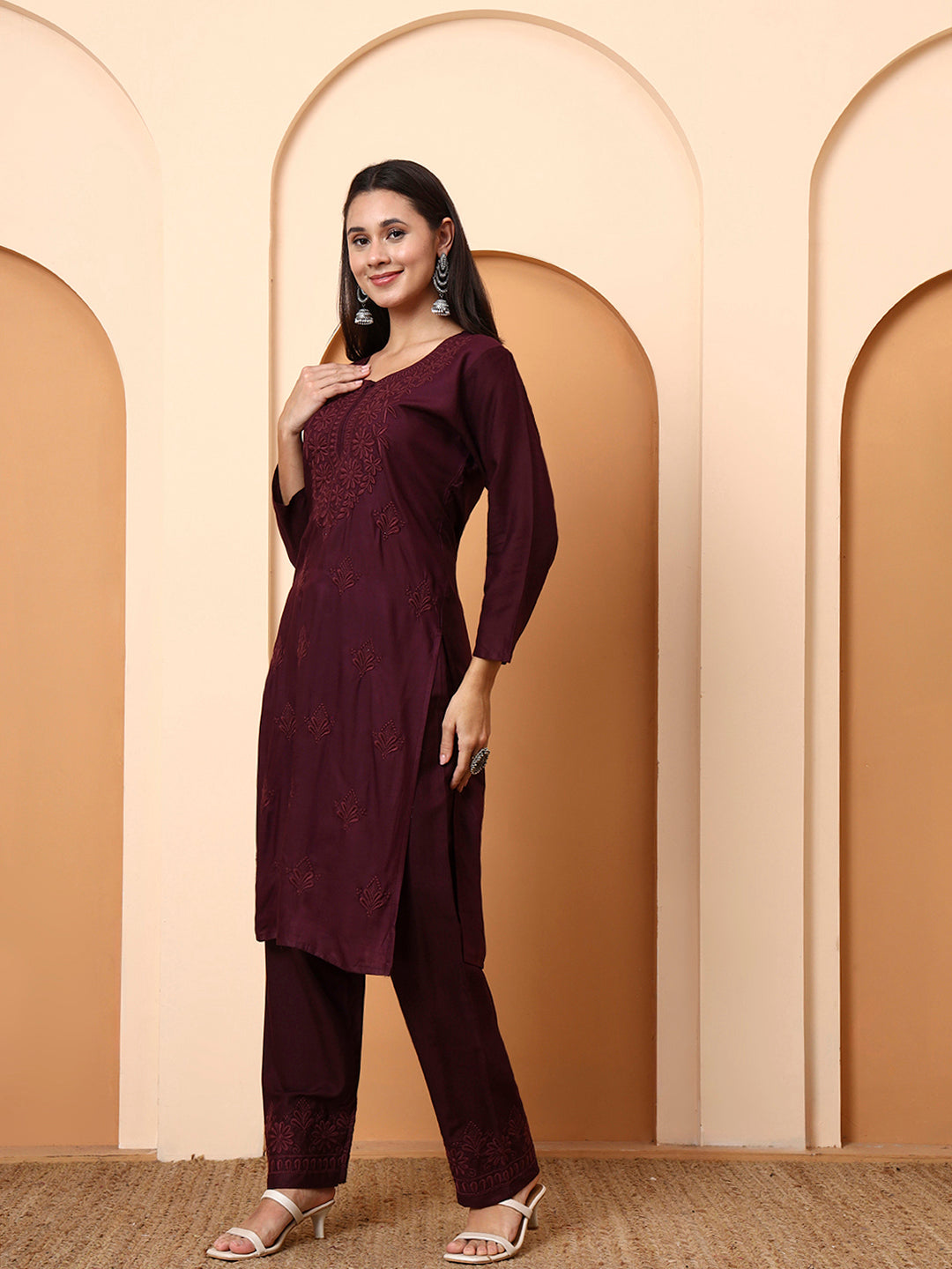 Elenora Women Wine Chikankari Rayon Kurta Set with Embroidered Pants