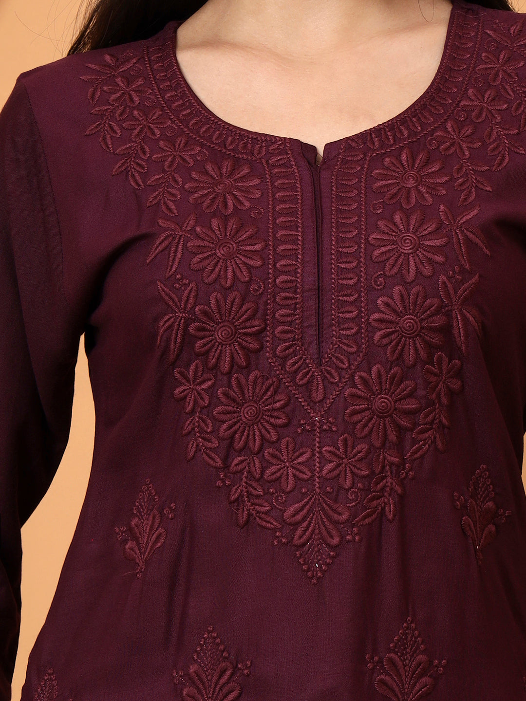 Elenora Women Wine Chikankari Rayon Kurta Set with Embroidered Pants