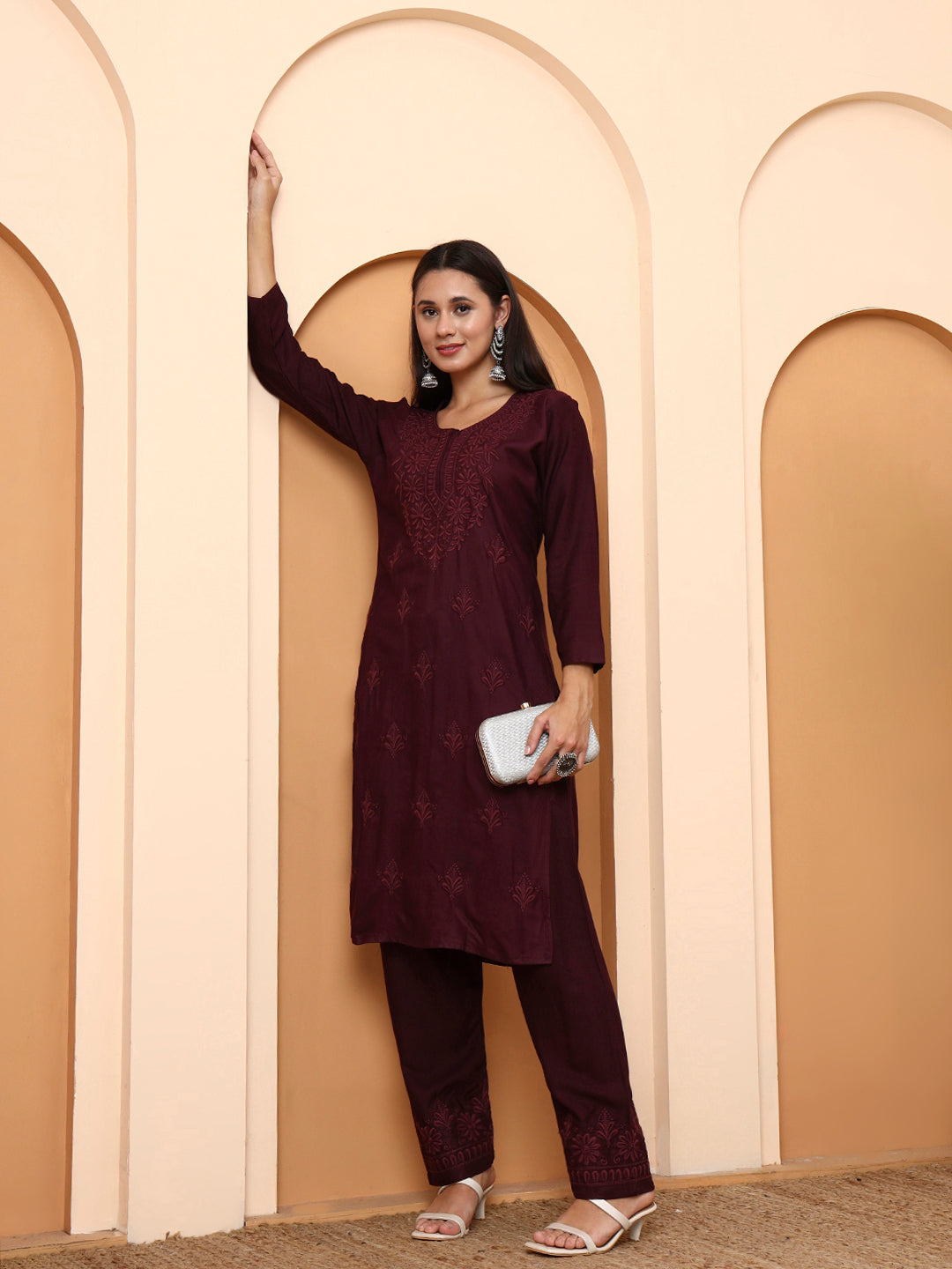 Elenora Women Wine Chikankari Rayon Kurta Set with Embroidered Pants