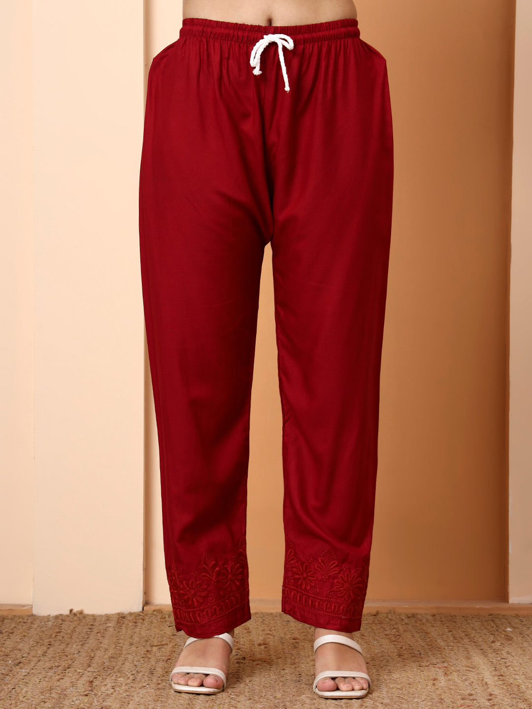 Elenora Women Maroon Chikankari Rayon Kurta Set with Embroidered Pants