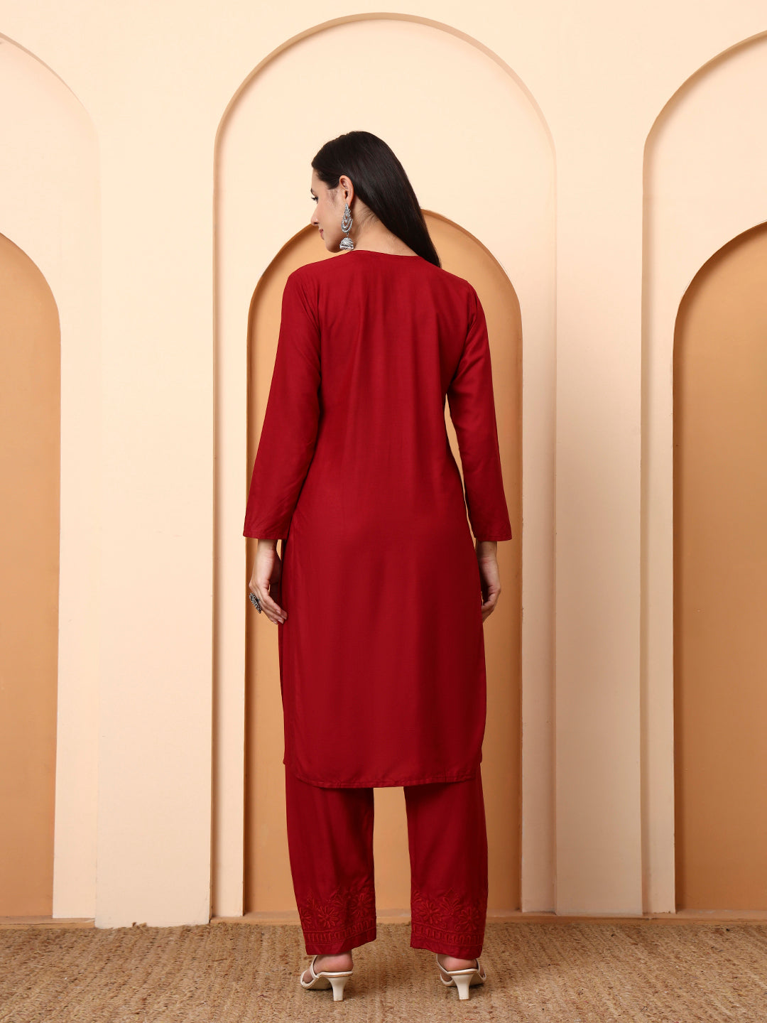 Elenora Women Maroon Chikankari Rayon Kurta Set with Embroidered Pants