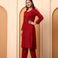 Elenora Women Maroon Chikankari Rayon Kurta Set with Embroidered Pants