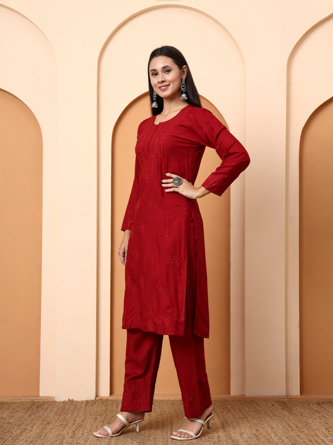 Elenora Women Maroon Chikankari Rayon Kurta Set with Embroidered Pants