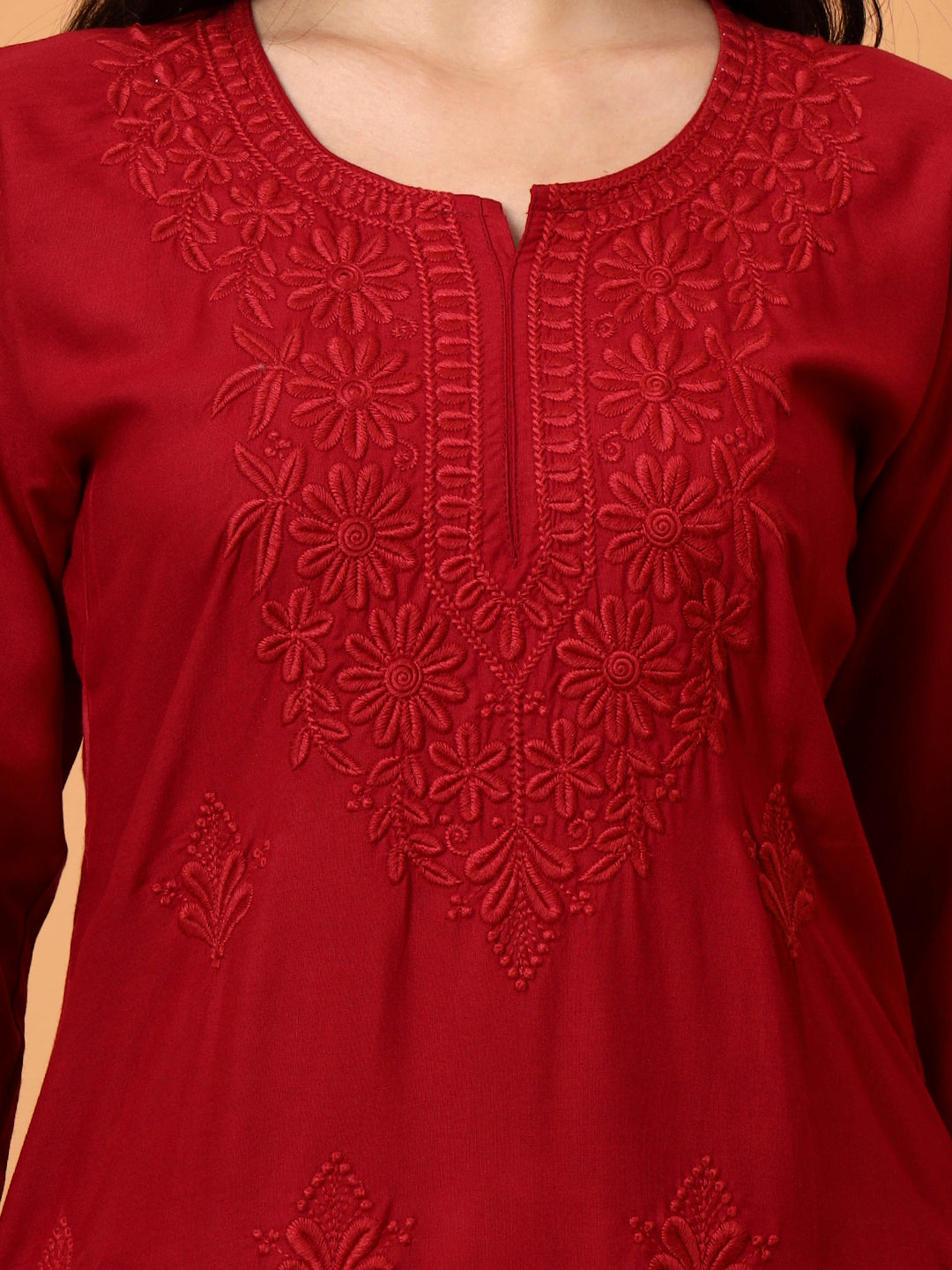 Elenora Women Maroon Chikankari Rayon Kurta Set with Embroidered Pants