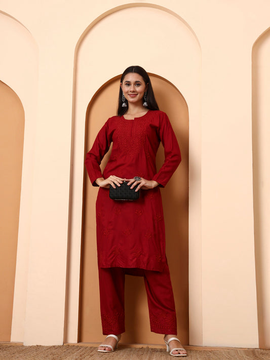 Elenora Women Maroon Chikankari Rayon Kurta Set with Embroidered Pants