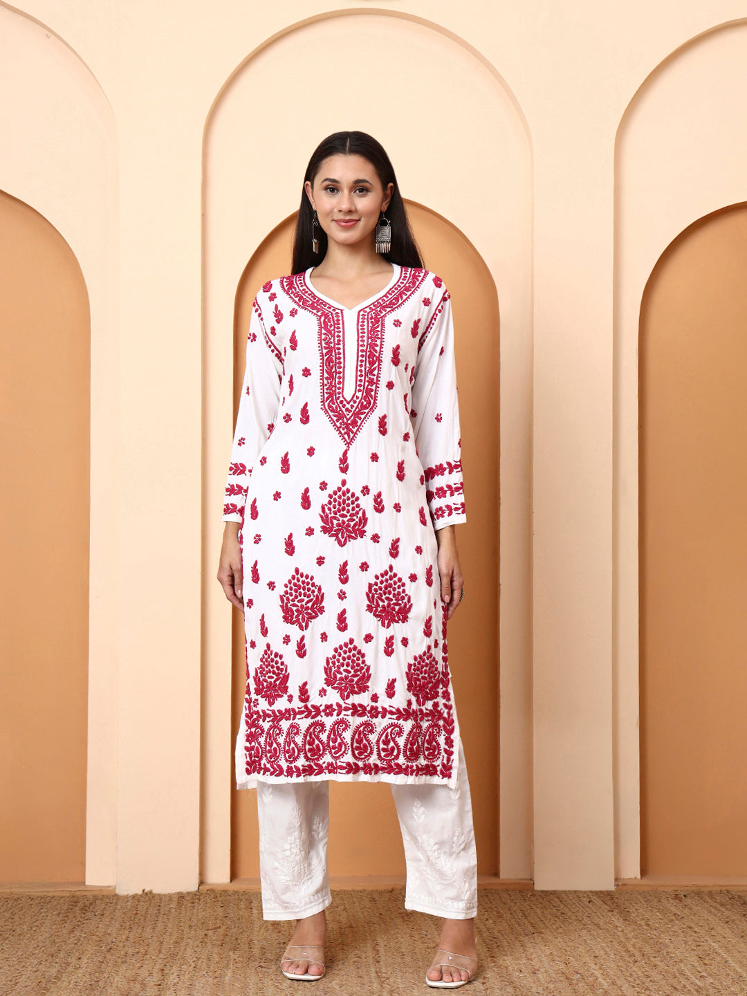 White & Pink Dobby Rayon Embroidered Kurti for Women | Festive Straight Kurta | Elenora Ethnic Wear