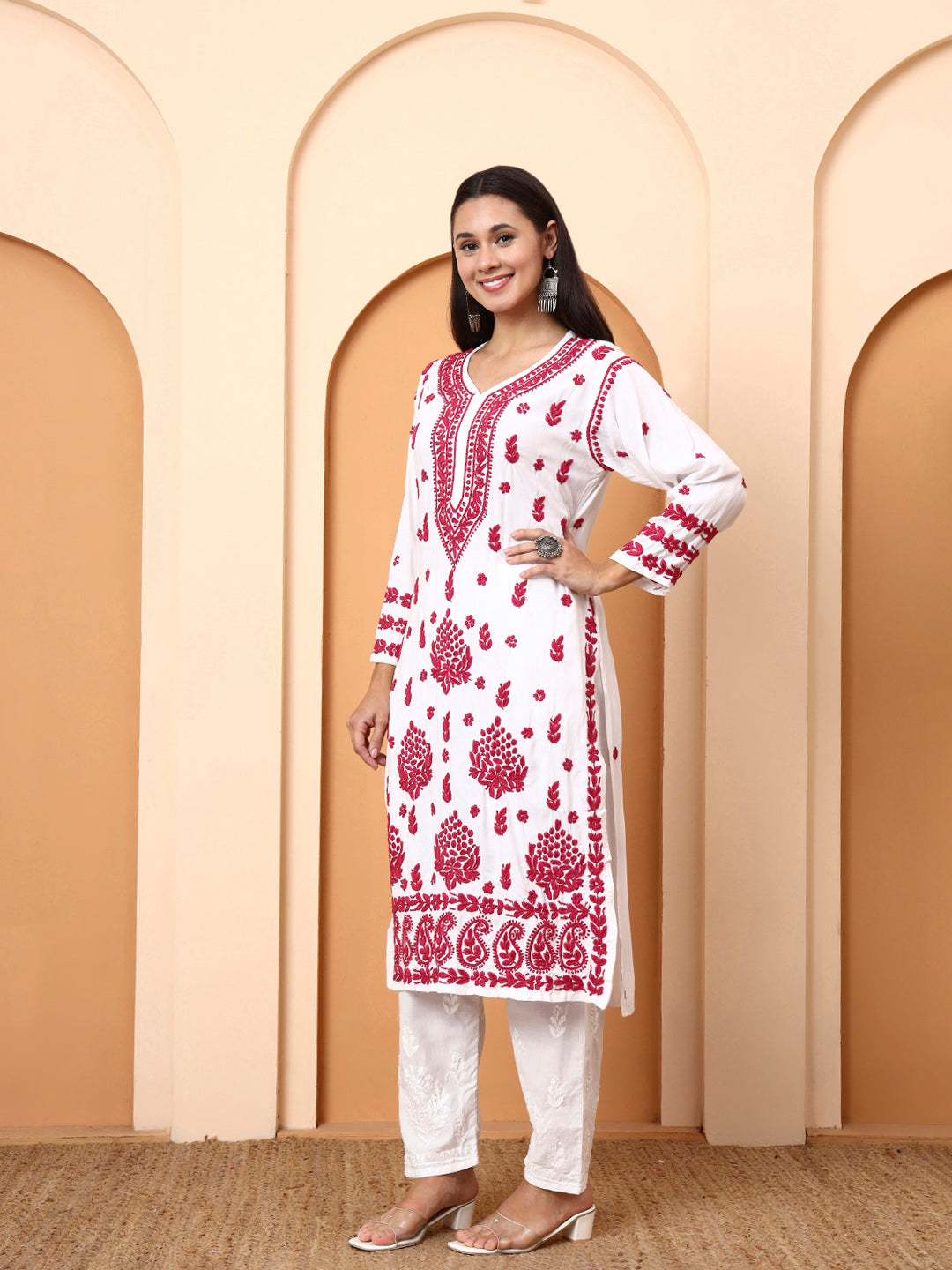 White & Pink Dobby Rayon Embroidered Kurti for Women | Festive Straight Kurta | Elenora Ethnic Wear