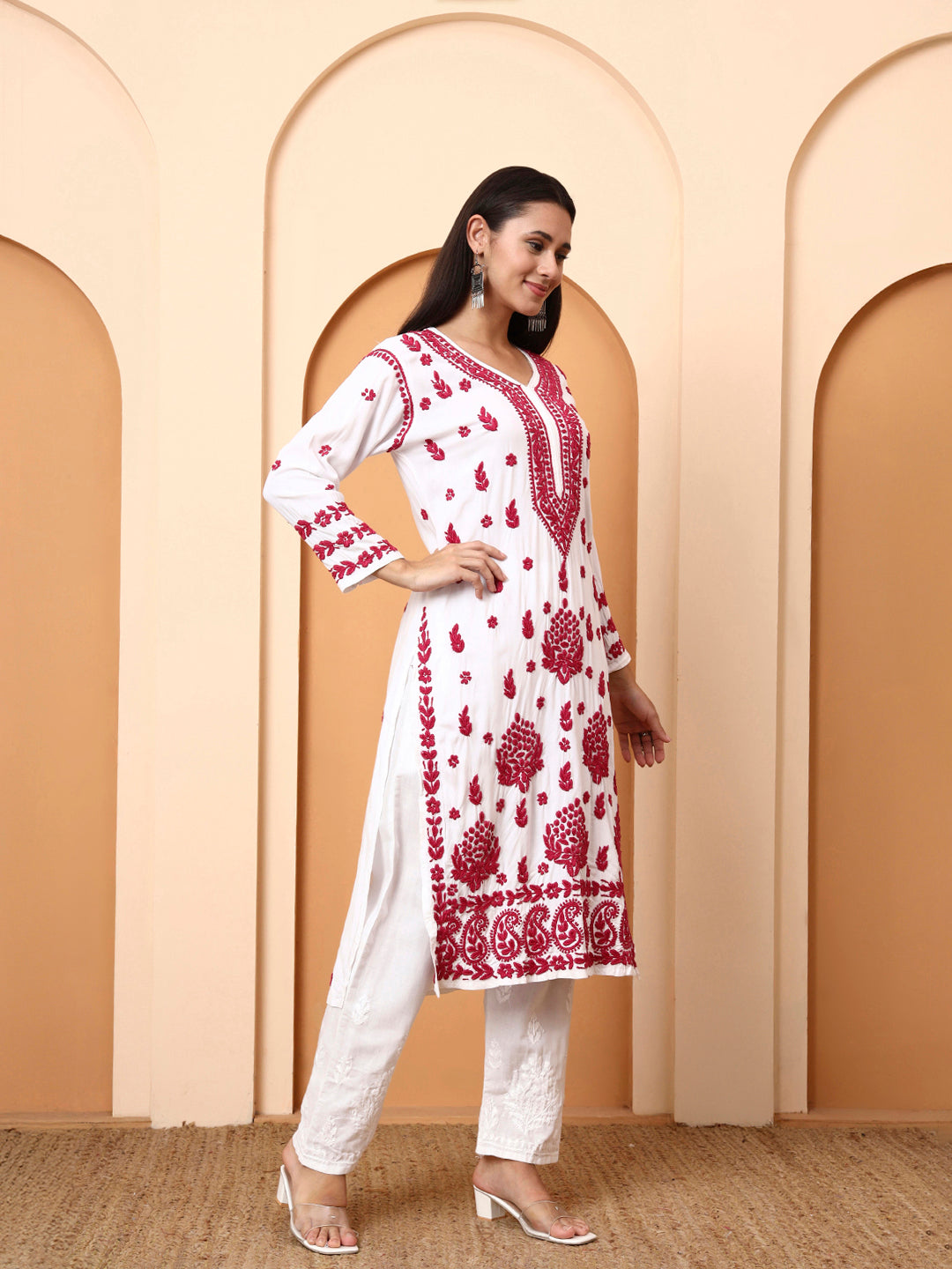 White & Pink Dobby Rayon Embroidered Kurti for Women | Festive Straight Kurta | Elenora Ethnic Wear
