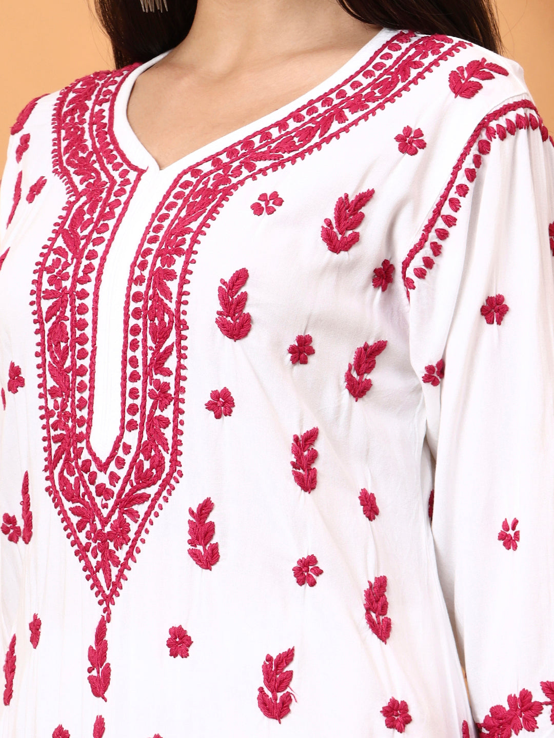 White & Pink Dobby Rayon Embroidered Kurti for Women | Festive Straight Kurta | Elenora Ethnic Wear