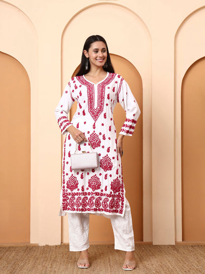 White & Pink Dobby Rayon Embroidered Kurti for Women | Festive Straight Kurta | Elenora Ethnic Wear