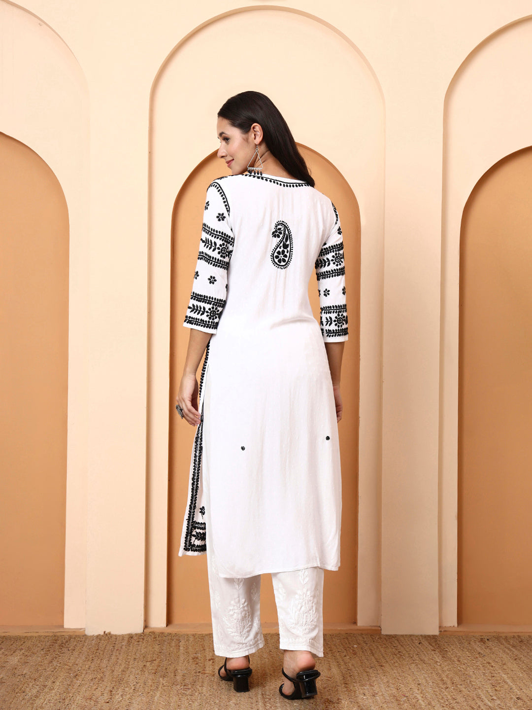 Women’s White Cotton Kurti with Black Embroidery | Handcrafted Ethnic Wear | Daily Wear & Office Wear Straight Kurta