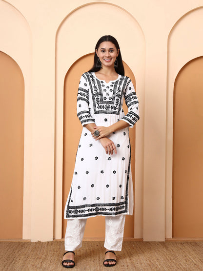 Women’s White Cotton Kurti with Black Embroidery | Handcrafted Ethnic Wear | Daily Wear & Office Wear Straight Kurta