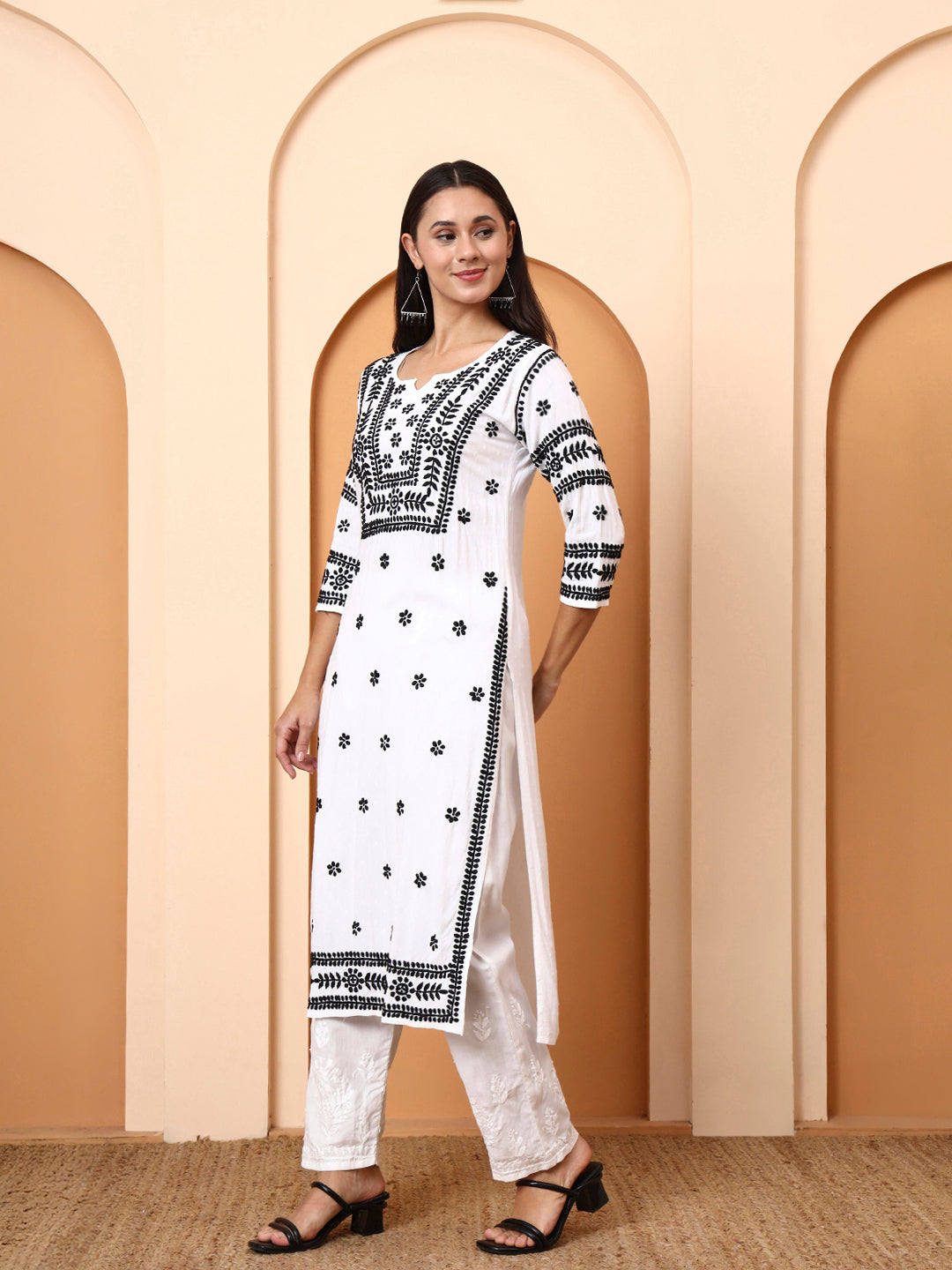 Women’s White Cotton Kurti with Black Embroidery | Handcrafted Ethnic Wear | Daily Wear & Office Wear Straight Kurta