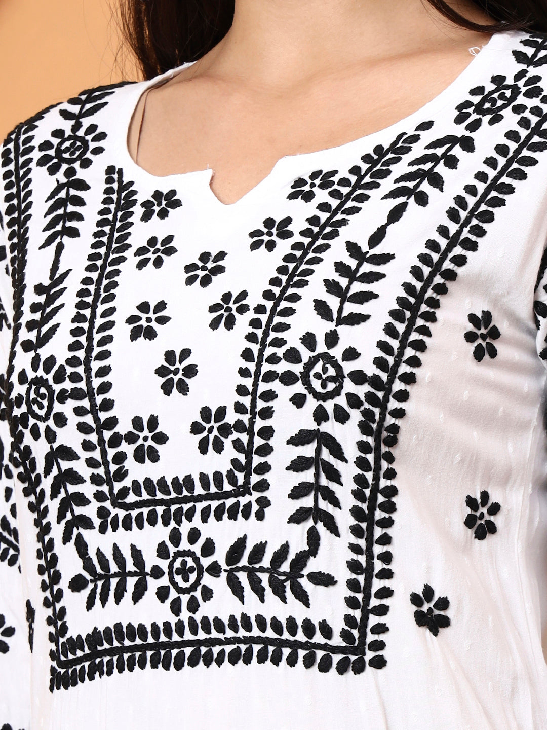 Women’s White Cotton Kurti with Black Embroidery | Handcrafted Ethnic Wear | Daily Wear & Office Wear Straight Kurta