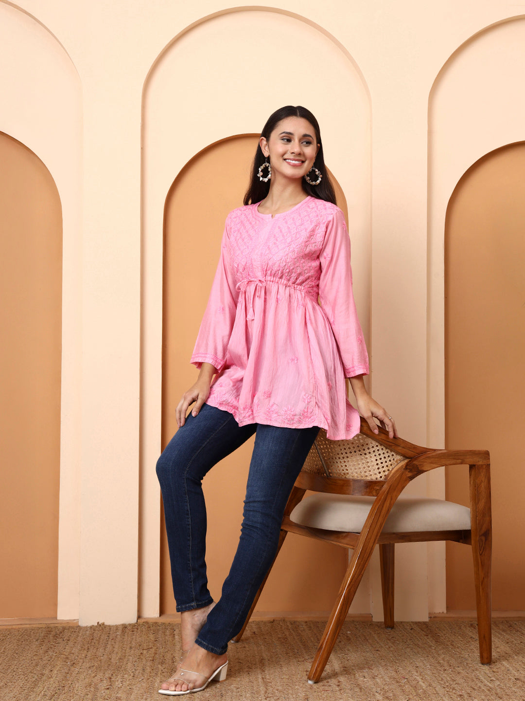 Women’s Pink Chanderi Short Kurti | Embroidered Tunic Top | Festive & Casual Wear Peplum Style Top