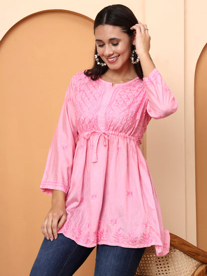 Women’s Pink Chanderi Short Kurti | Embroidered Tunic Top | Festive & Casual Wear Peplum Style Top