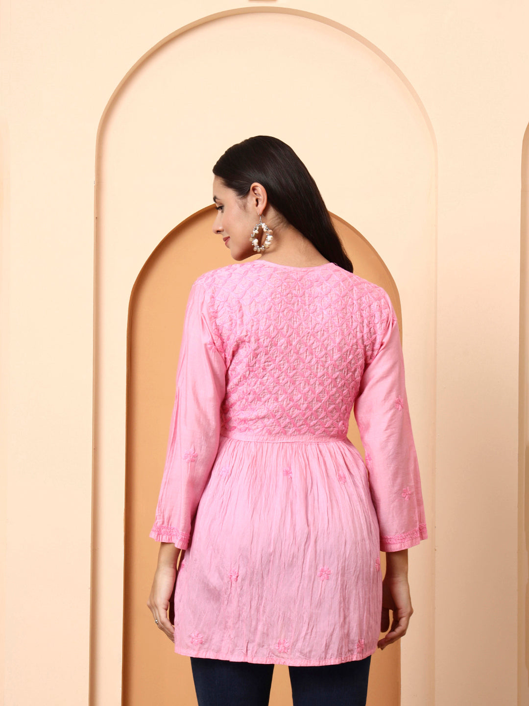 Women’s Pink Chanderi Short Kurti | Embroidered Tunic Top | Festive & Casual Wear Peplum Style Top