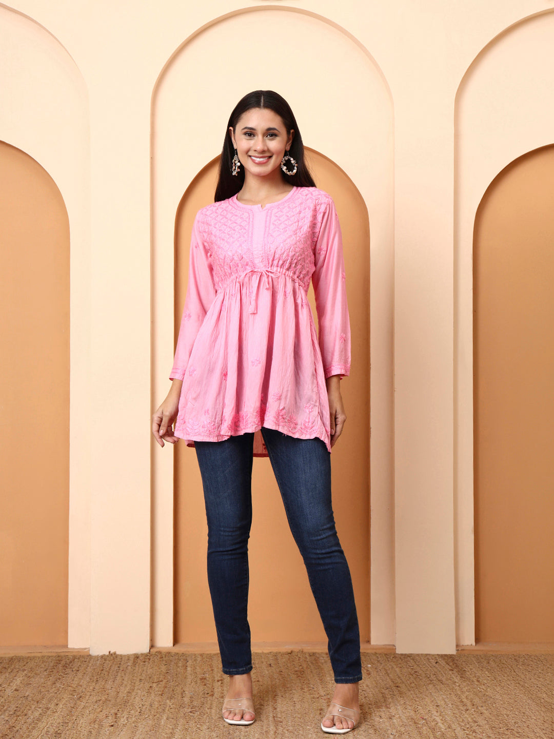 Women’s Pink Chanderi Short Kurti | Embroidered Tunic Top | Festive & Casual Wear Peplum Style Top