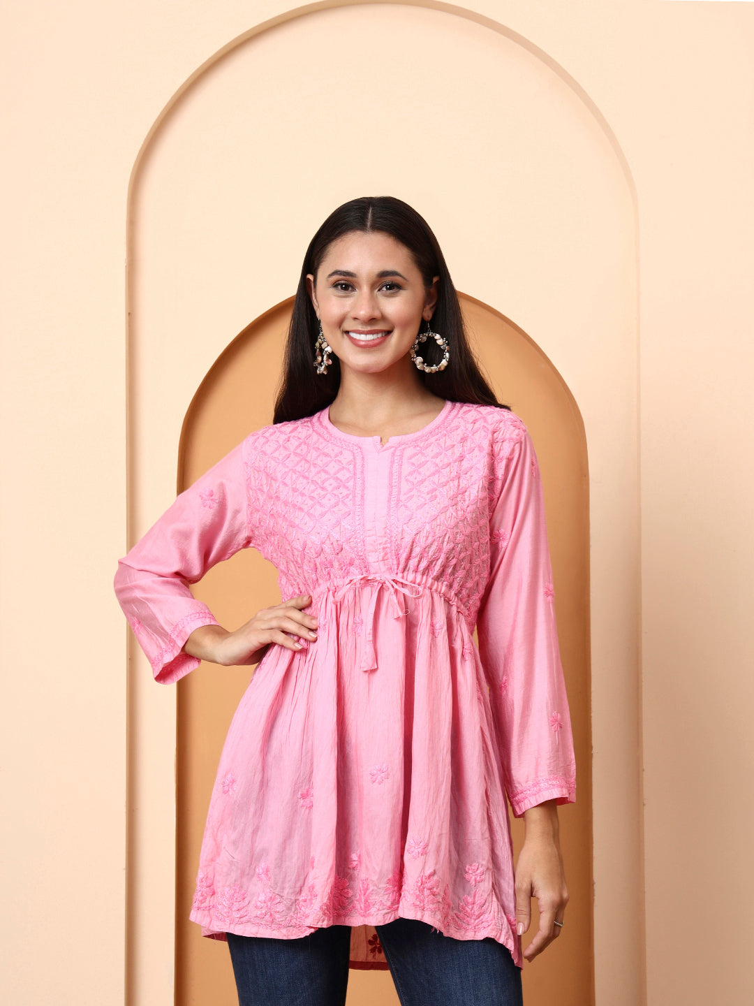 Women’s Pink Chanderi Short Kurti | Embroidered Tunic Top | Festive & Casual Wear Peplum Style Top