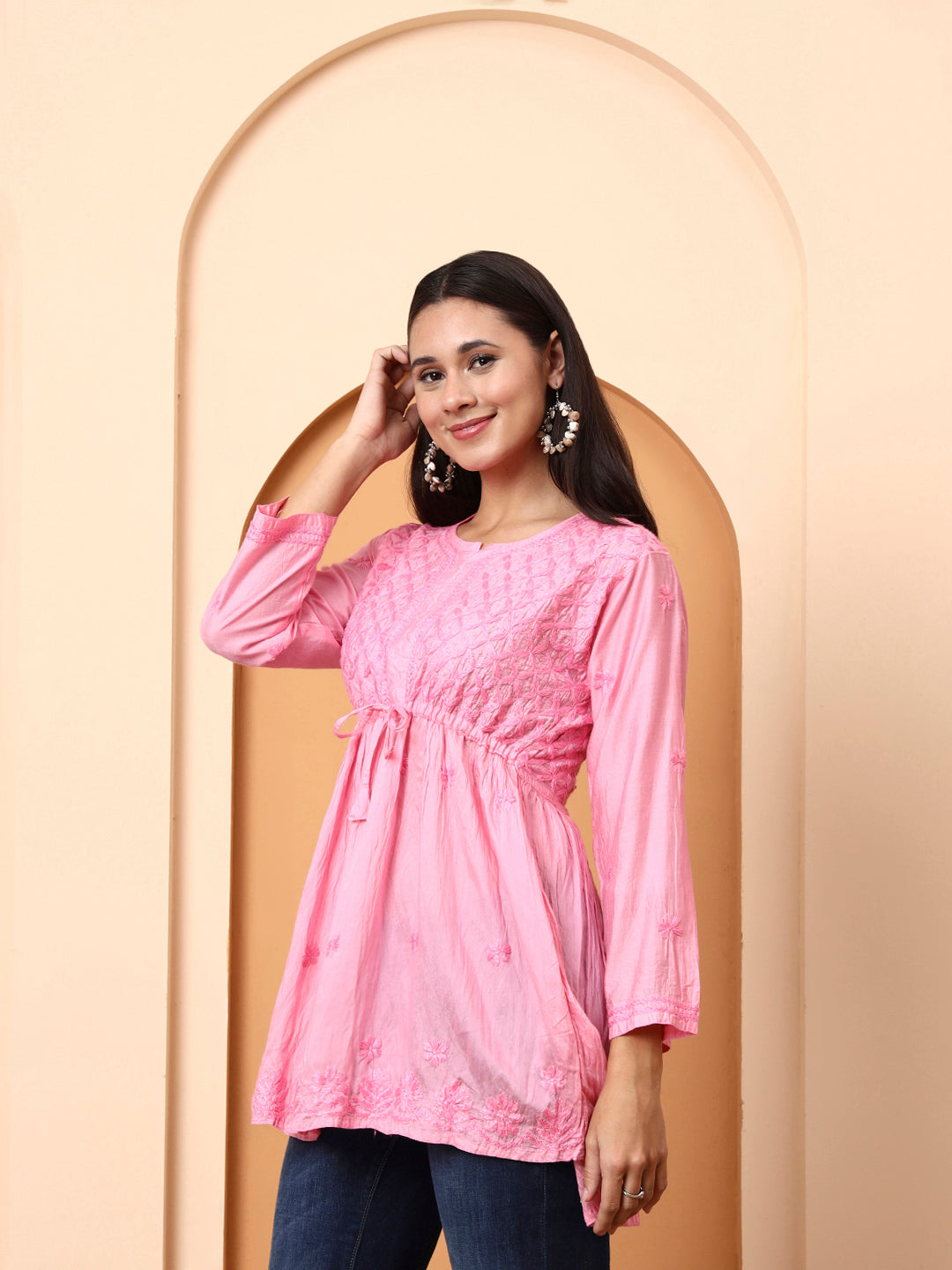 Women’s Pink Chanderi Short Kurti | Embroidered Tunic Top | Festive & Casual Wear Peplum Style Top