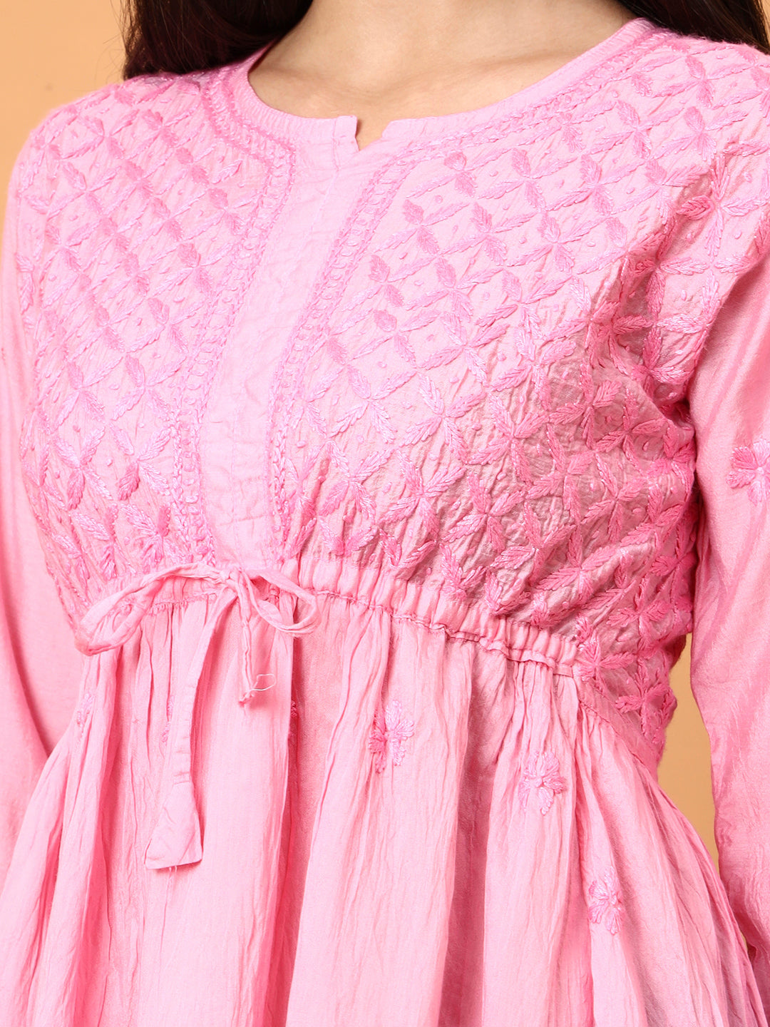 Women’s Pink Chanderi Short Kurti | Embroidered Tunic Top | Festive & Casual Wear Peplum Style Top