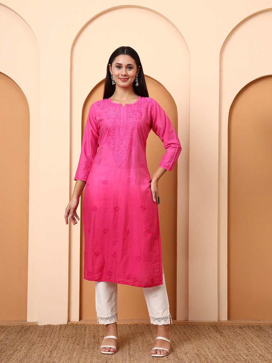 Pink Chanderi Chikankari Kurti for Women | Hand Embroidered Straight Kurta | Ethnic Wear by Elenora