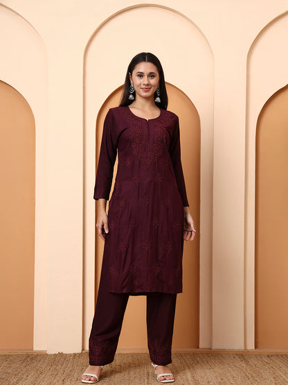 Elenora Women Wine Chikankari Rayon Kurta Set with Embroidered Pants