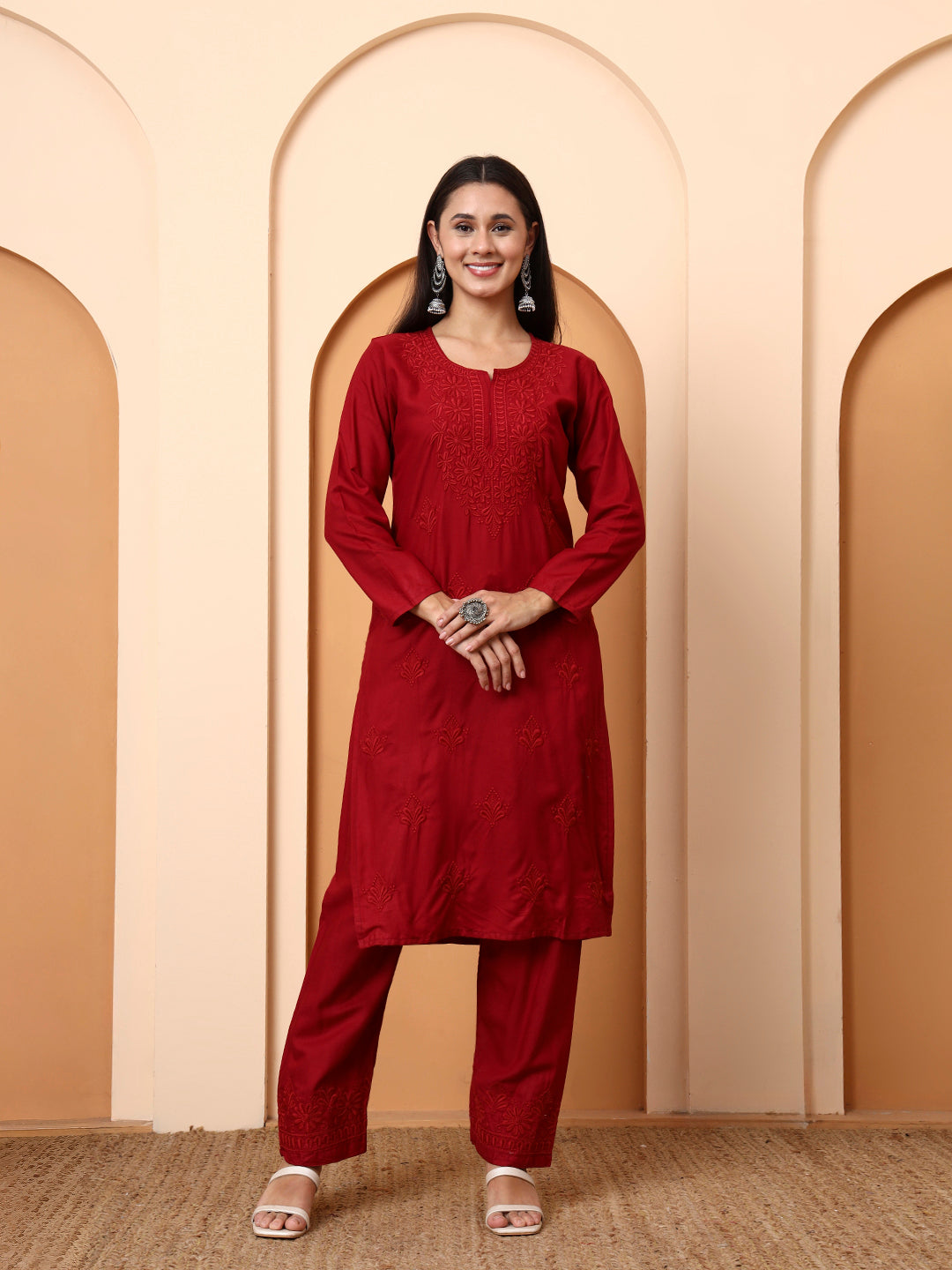 Elenora Women Maroon Chikankari Rayon Kurta Set with Embroidered Pants