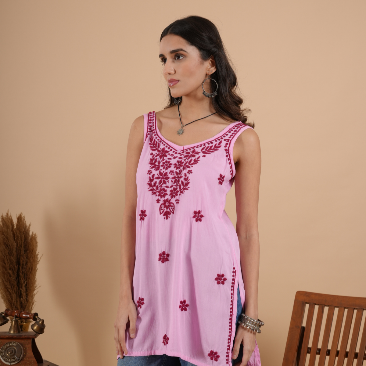 Baby Pink Rayon Chikankari Sleeveless Short Kurti