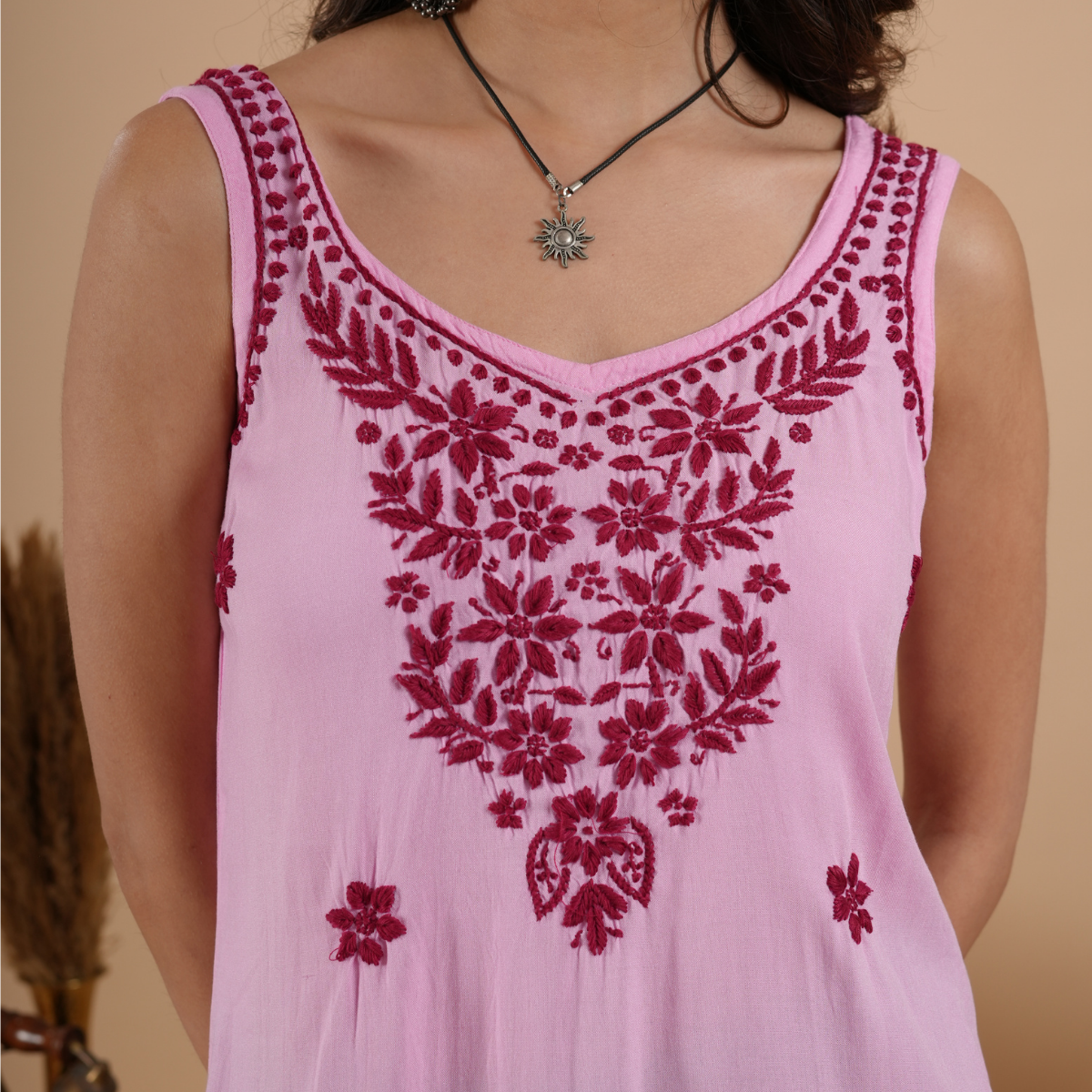 Baby Pink Rayon Chikankari Sleeveless Short Kurti