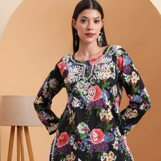 black-floral-printed-rayon-short-kurti