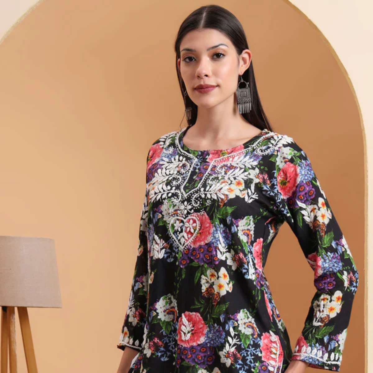 black-floral-printed-rayon-short-kurti