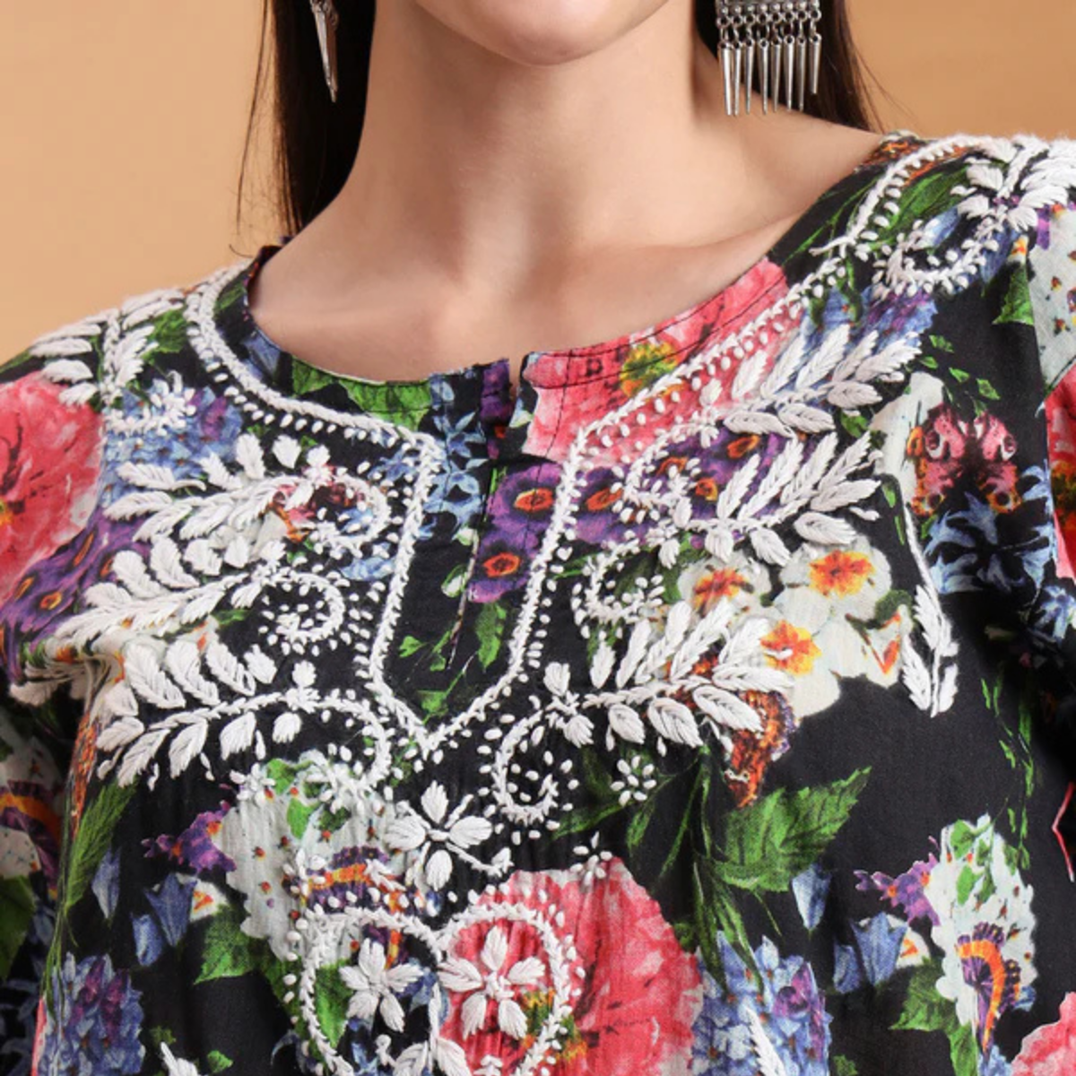 black-floral-printed-rayon-short-kurti