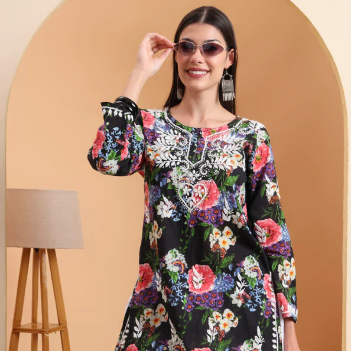 black-floral-printed-rayon-short-kurti