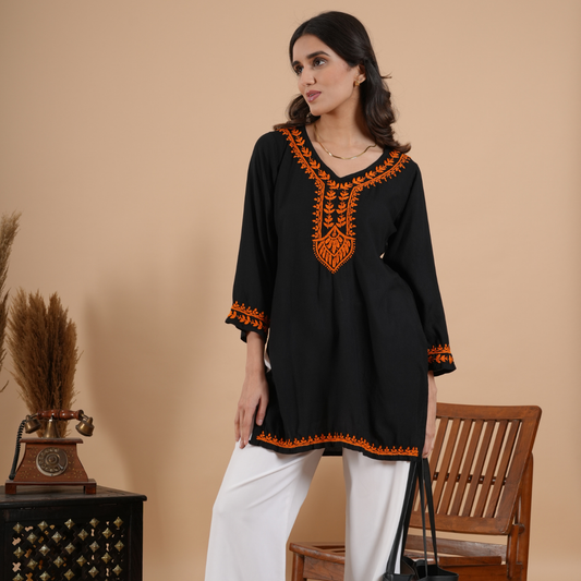Black rayon chikankari short kurti with hand embroidery