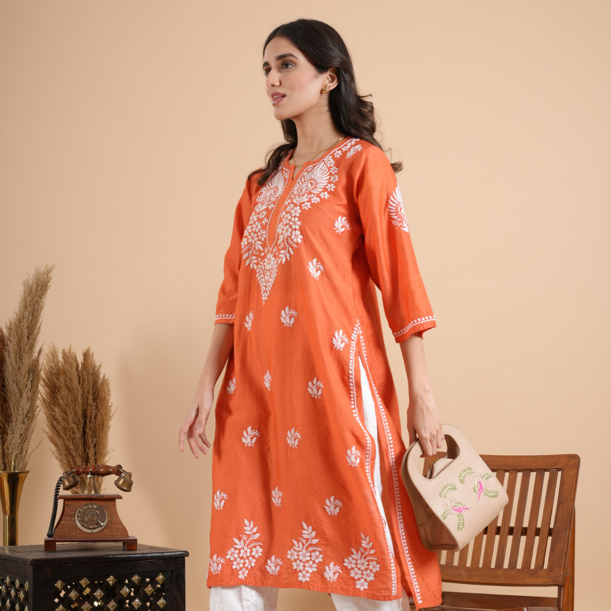 Brick Red Chikankari Chanderi Kurta