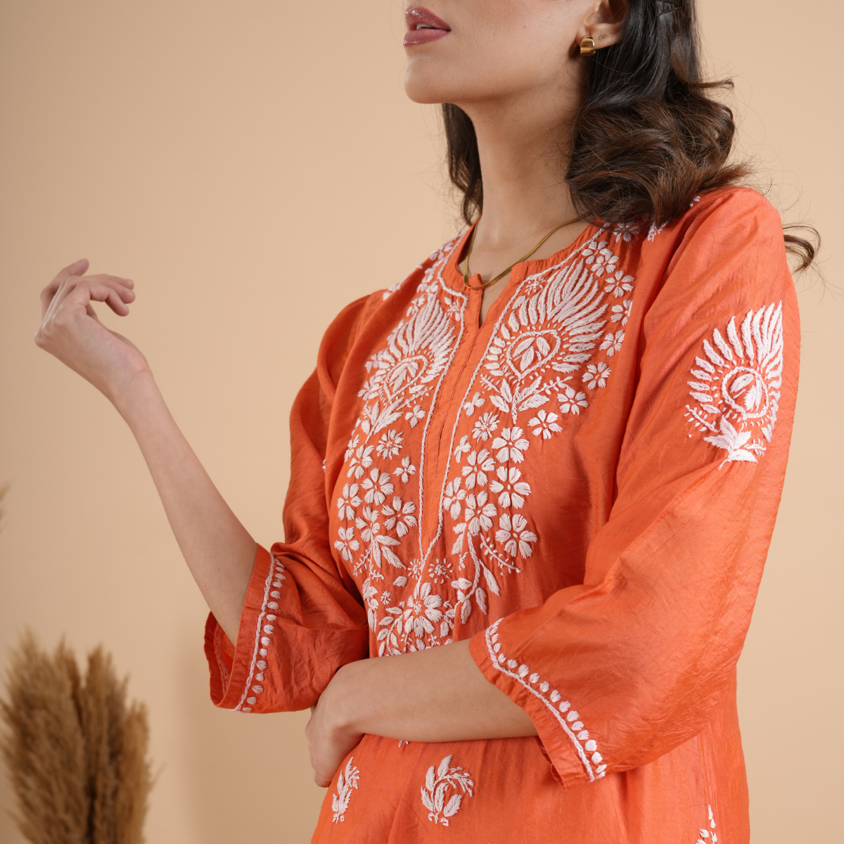 Brick Red Chikankari Chanderi Kurta