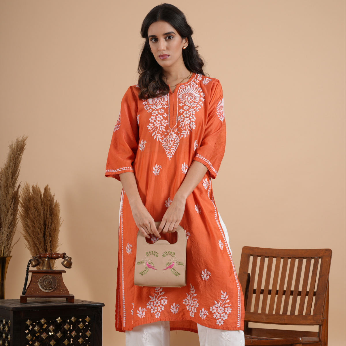 Brick Red Chikankari Chanderi Kurta