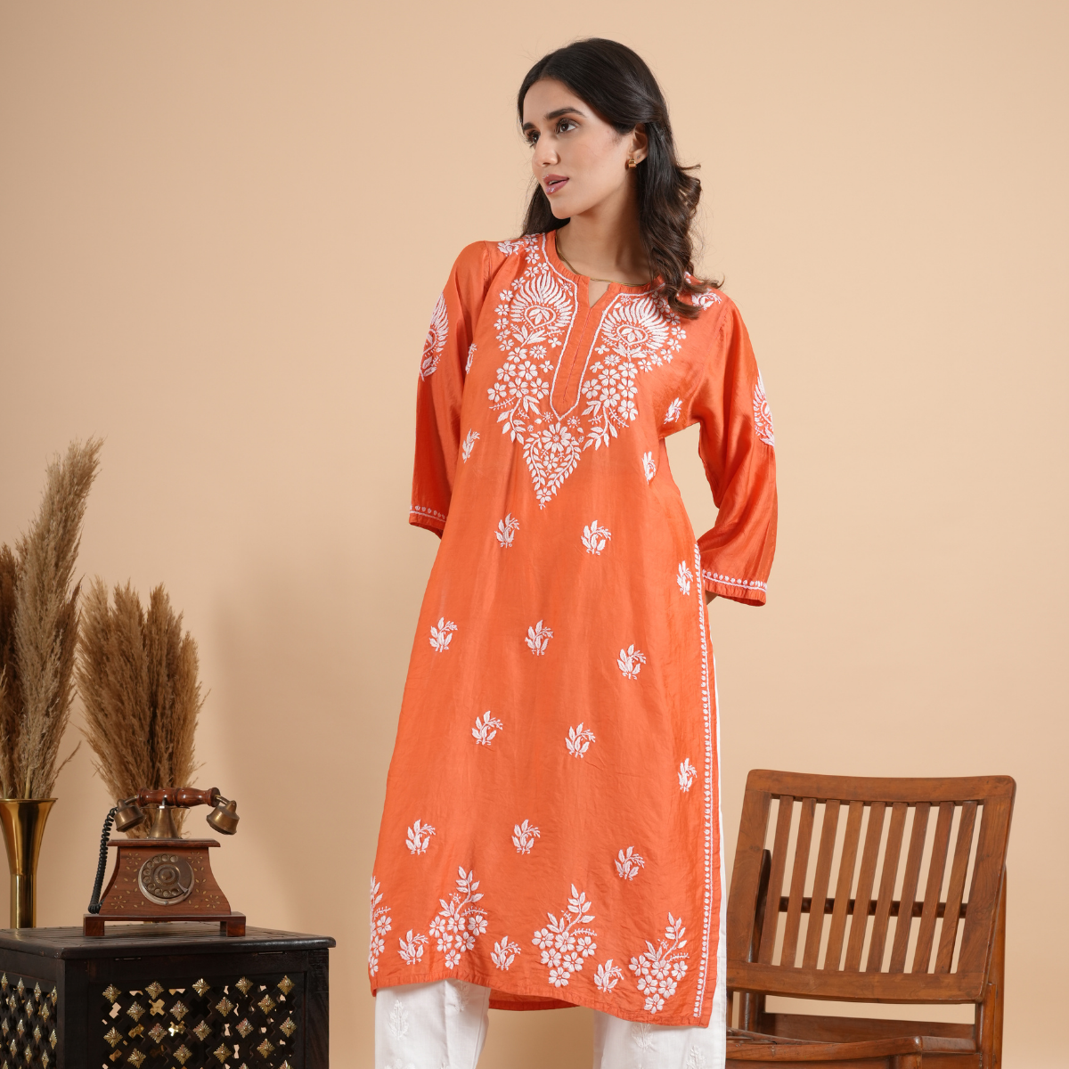 Brick red chikankari chanderi kurta for women