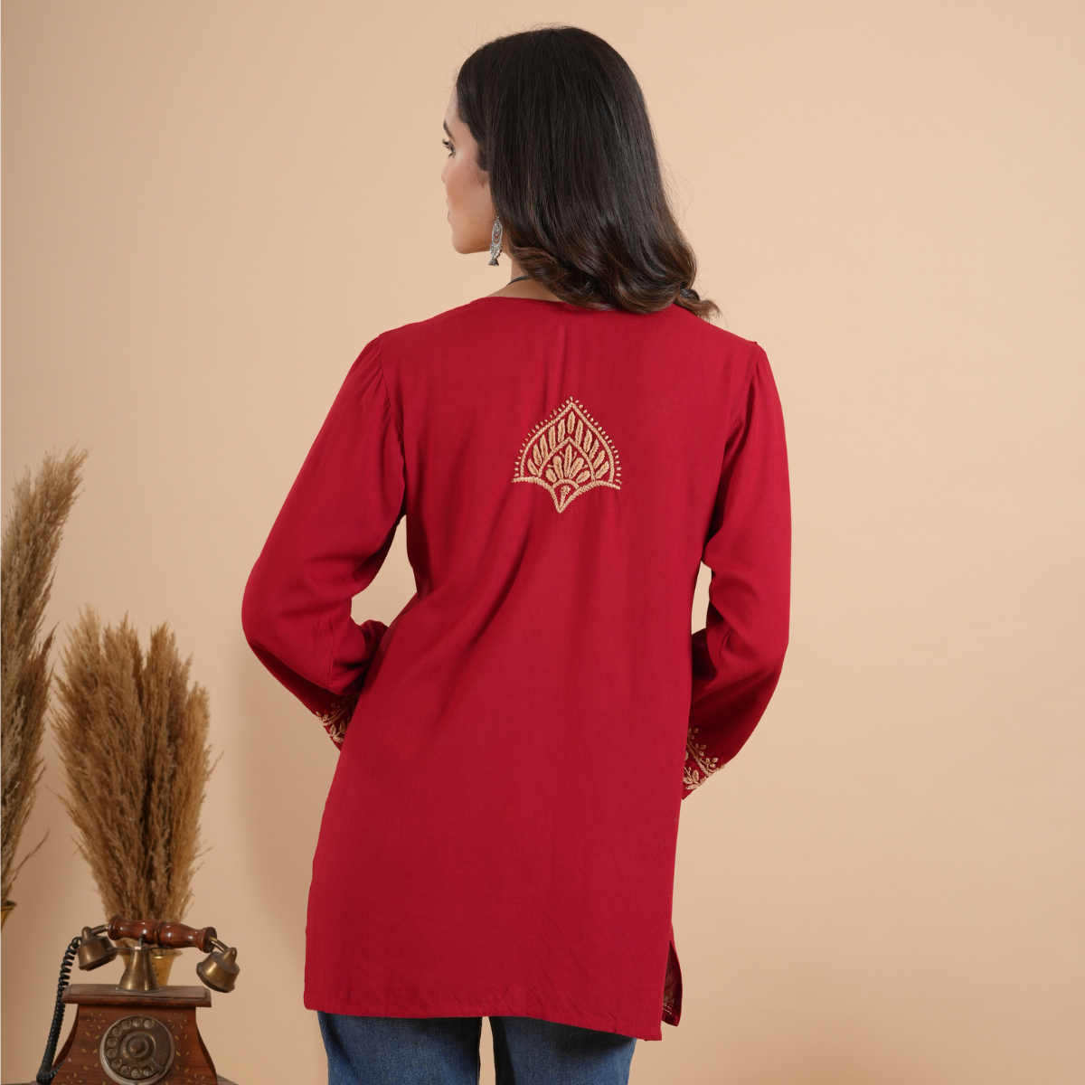 Cherry Red Rayon Chikankari Short Kurti