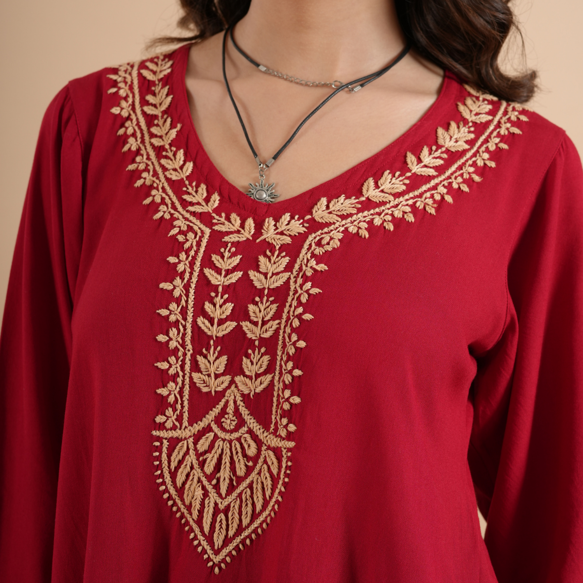 Cherry Red Rayon Chikankari Short Kurti