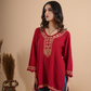 Cherry red rayon chikankari short kurti with hand embroidery