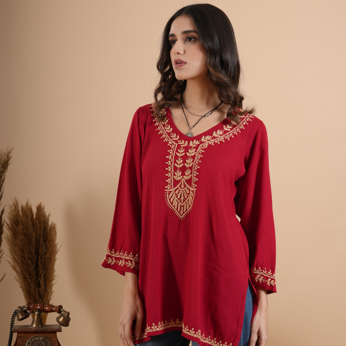 Cherry red rayon chikankari short kurti with hand embroidery