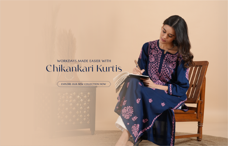 Woman in a Chikankari kurta sitting on a chair with text about the brand.