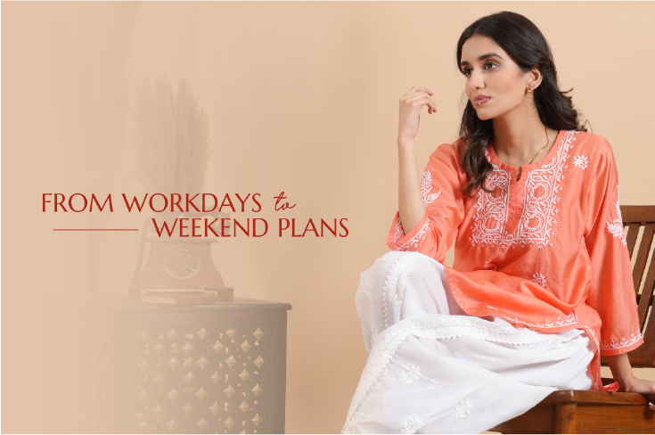 Woman wearing a coral embroidered top and white pants sitting on a wooden chair with text overlay.